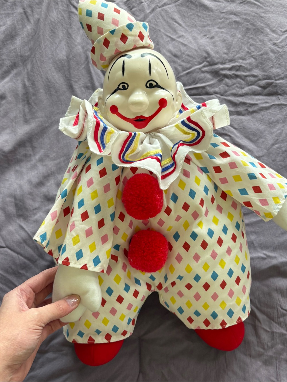 Vintage 1990s Plush Creations Cheerio Clown Doll Classic Red, Blue, Yellow white